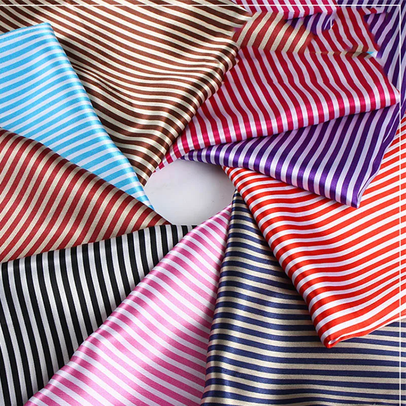 Printed Satin Fabric By The Meter for Wedding Decorate Gift Box Sewing Striped Fashion Classic Thin Drape Luster Soft Cloth Blue