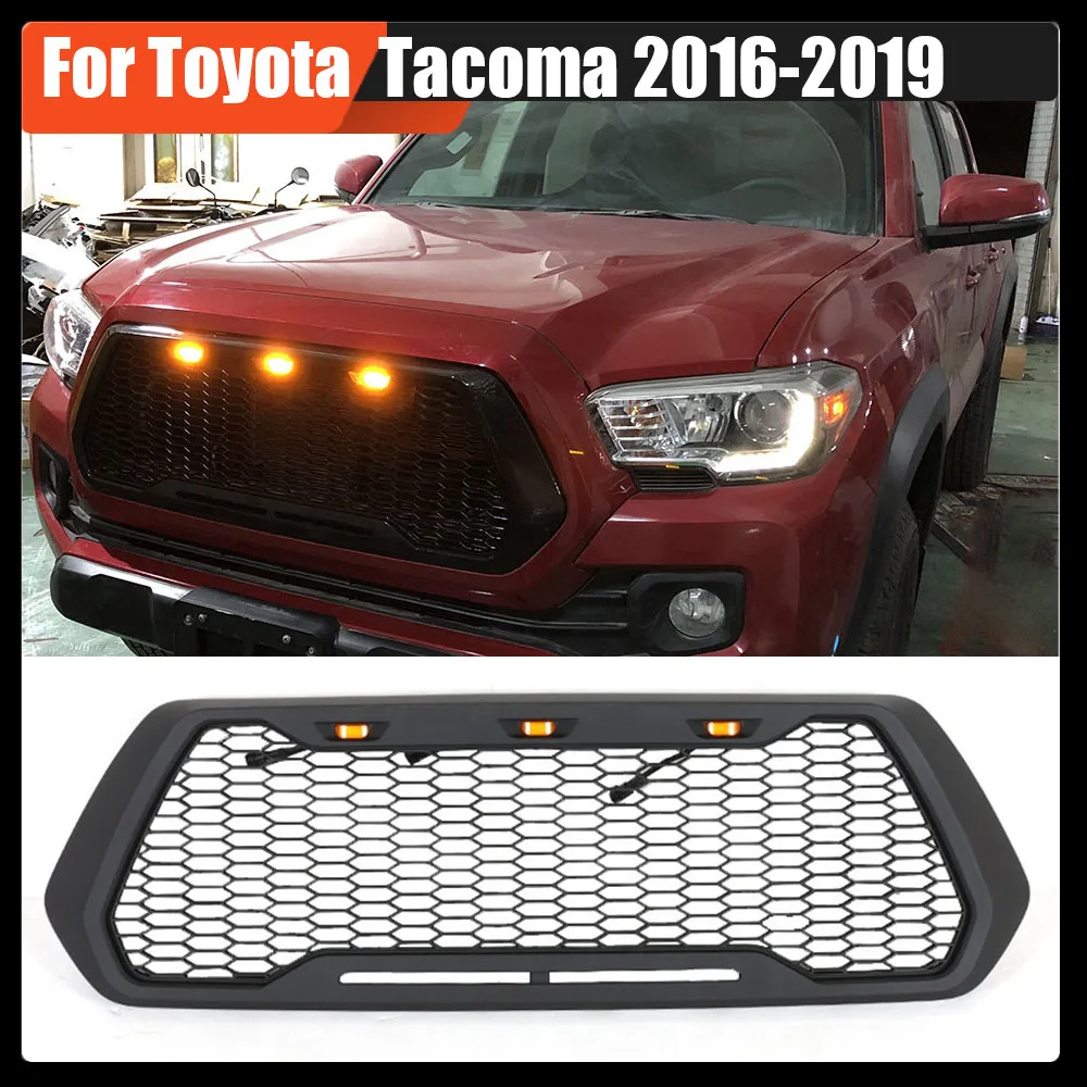 

Fit For Toyota Tacoma 2016-2019 Pickup Decoration Accessories Front Bumper Hood Honeycomb Mesh Grill With Led Car Racing Grille