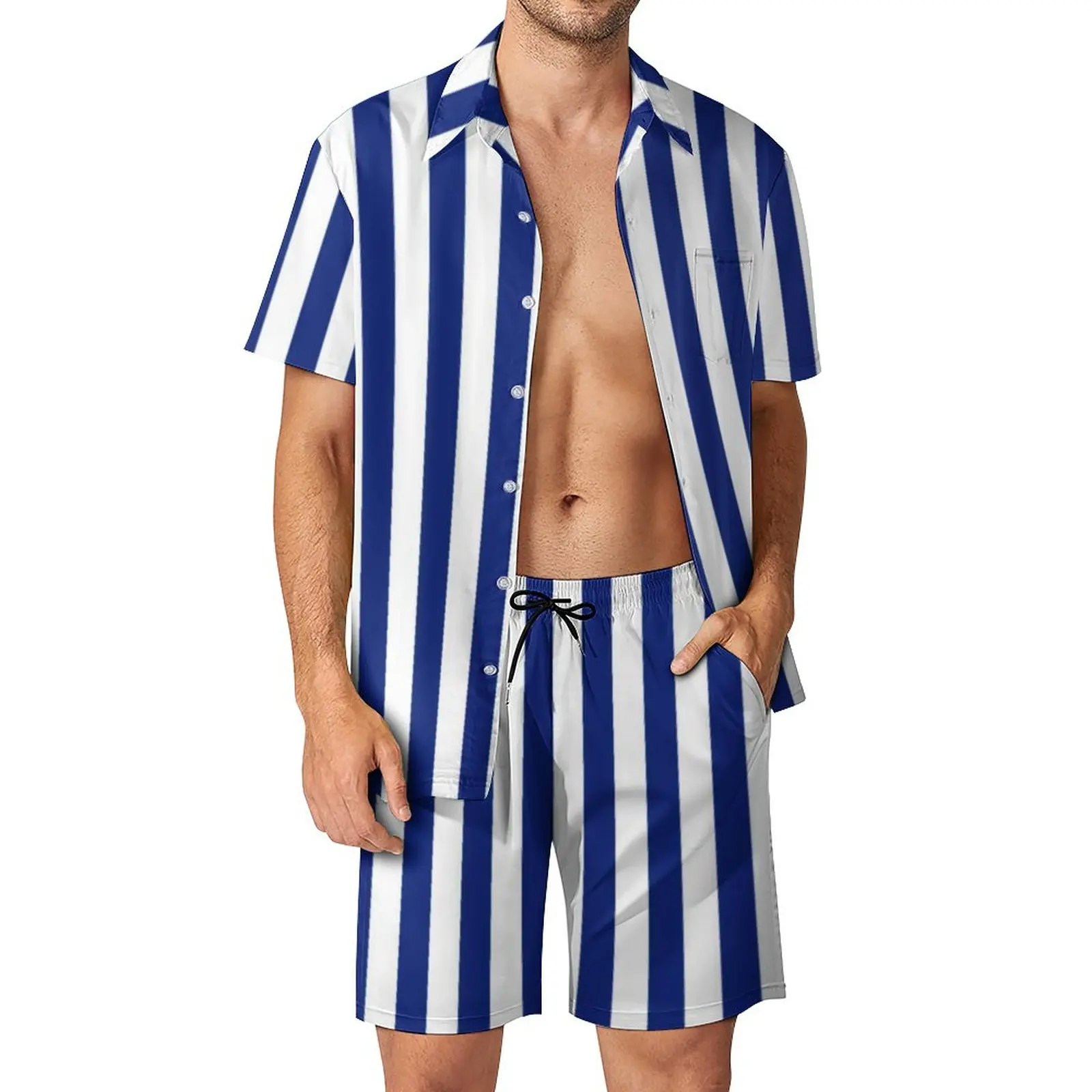 

Nautical Design Men Sets Vertical Navy Blue Stripes Retro Casual Shirt Set Short-Sleeve Shorts Summer Beachwear Suit Plus Size