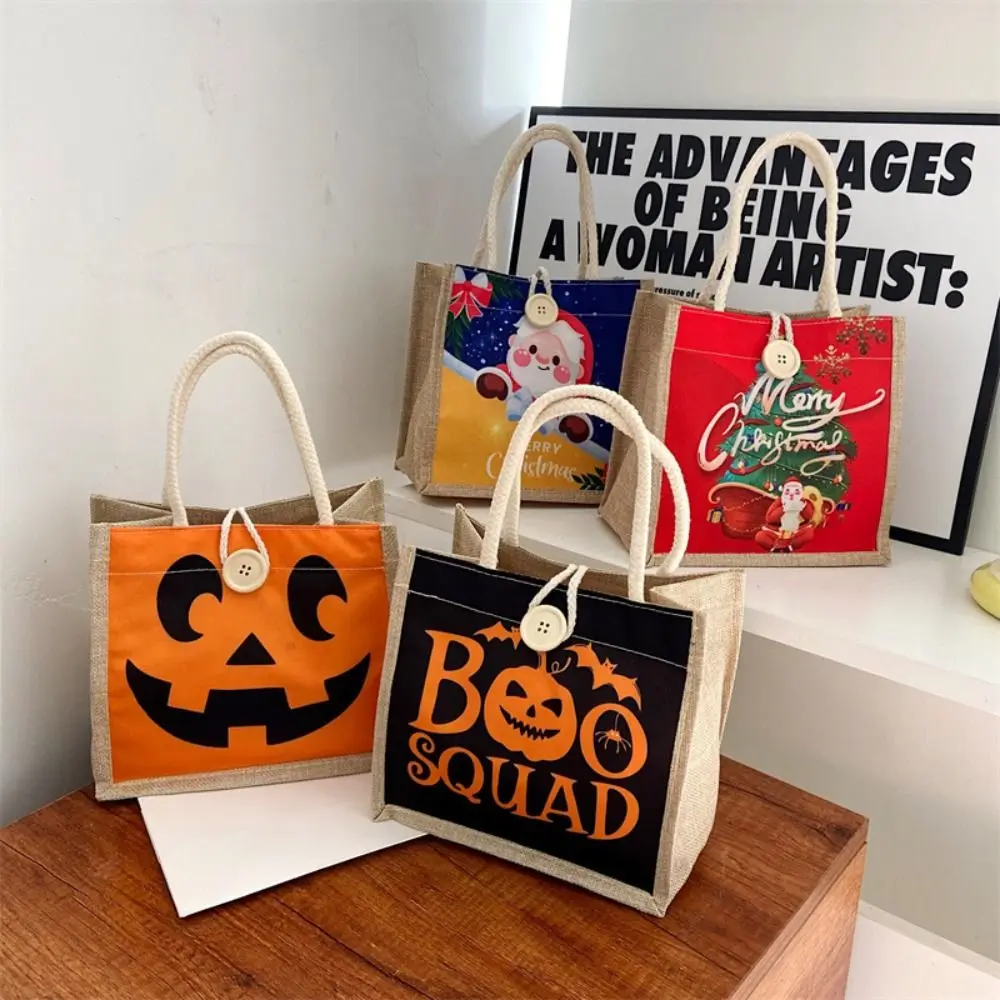 Childlike Fun Halloween Christmas Handbag Button Closure Large Capacity Halloween Lunch Bag Cute Canvas Christmas Gift Bag