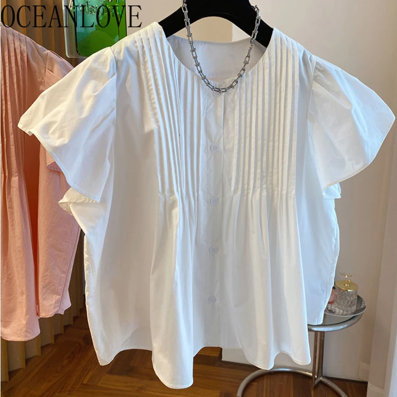 OCEANLOVE Flying Sleeve Women Shirts & Blouses Solid Single Breasted Summer Blusas Mujer Pleated Ins Sweet Camisas Tops