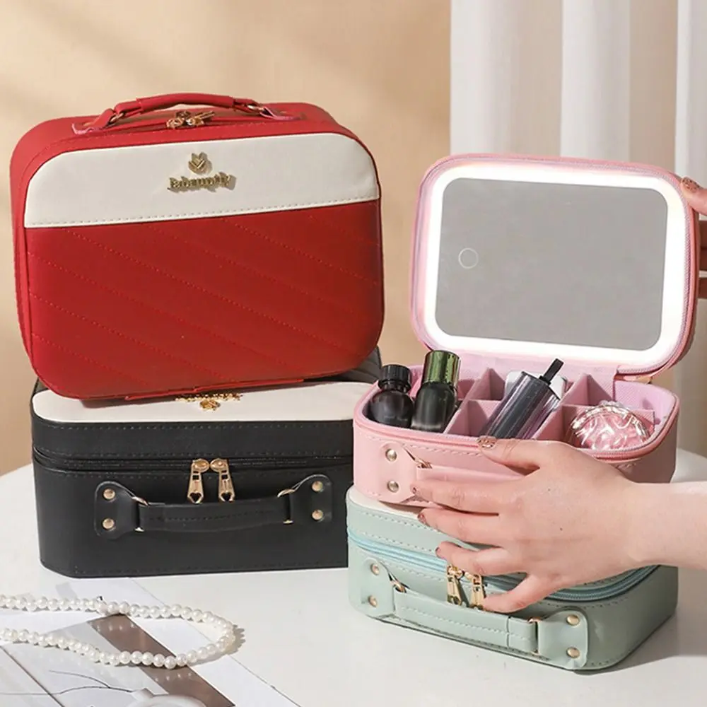 Large Capacity Handheld Makeup Box Leather Waterproof Cosmetic Storage Bag with LED Mirror Bathing Cosmetic Bag Bathroom Storage