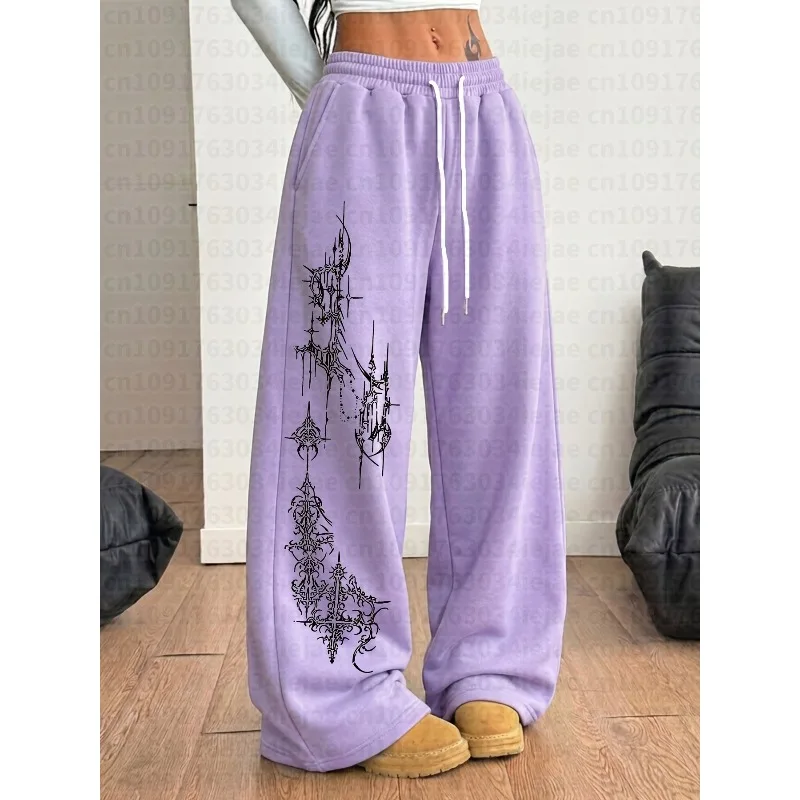 Versatile Fashion Trendy Street Style Casual Retro Y2K Punk Religious Pattern Print Women'S Kid Casual Black Straight-Leg Pants