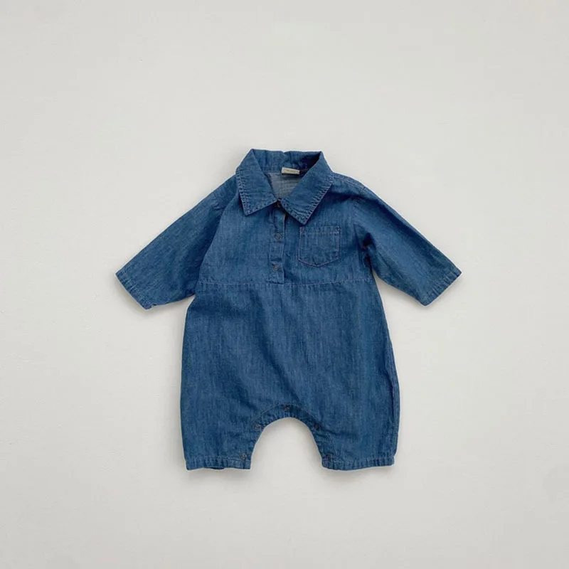 2026 Spring New Newborn Baby Long Sleeve Denim Romper Solid Infant Boy Girl Cute Lapel Jumpsuit Fashion Toddler Clothes 0-24M