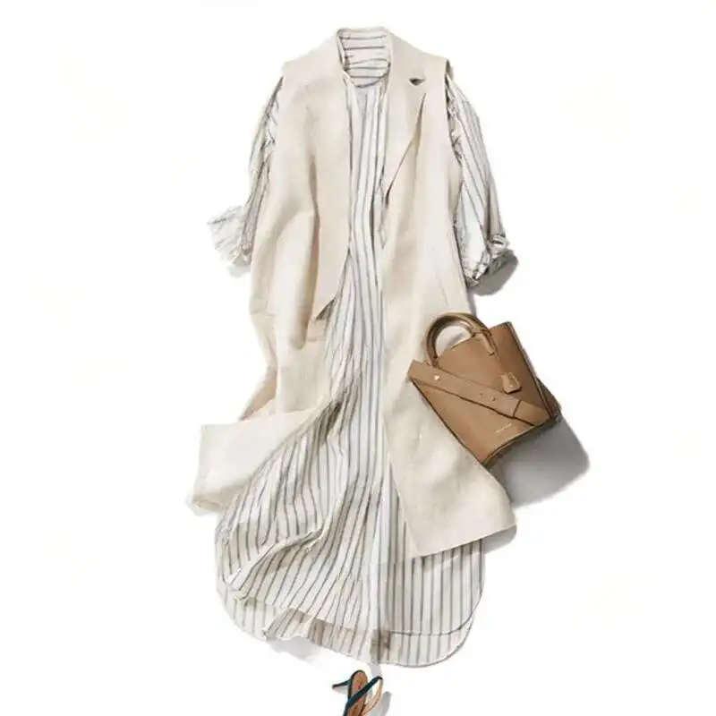 

2025 Spring and Autumn New Business Style Medium Length Vest Striped Shirt Dress