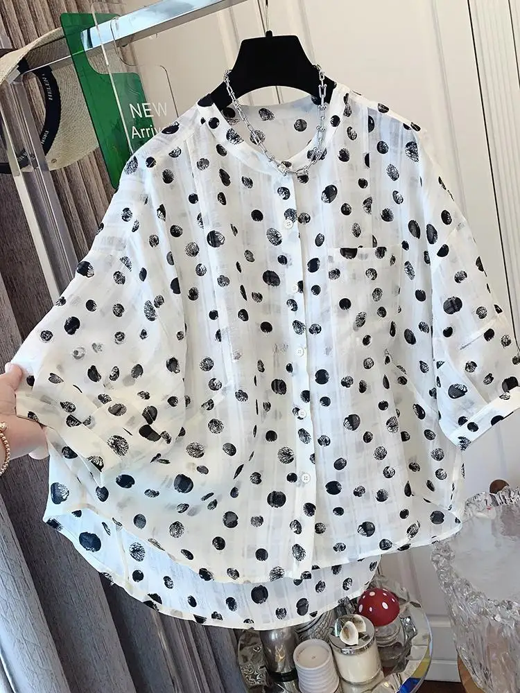 SuperAen 2024 Summer New Light Ripe Polka Dot Short Sleeved Shirt Age Reducing Doll Shirt Chic Loose Shirt