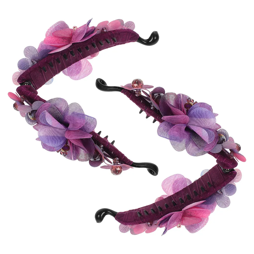 

2Pcs Flower Fabric Banana Hair Clips Purple Red Beaded Stylish Ponytail Holder for Women Secure Grip Clips for Hair