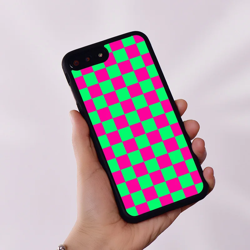 Wildflower Silicone Phone Case Cover for iPhone 6 6S 7 8 Plus X XS XR 11 12 13 14 15 Mini Pro Max Neon Pink And Green Checkers