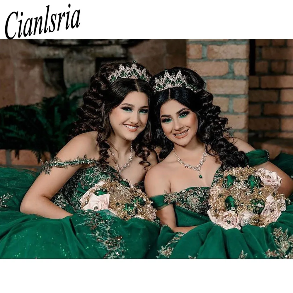 Gaun bola hijau gaun Quinceanera gaun manik-manik Sayang 3D pesta dansa ulang tahun bunga Vestidos De Quinceanera