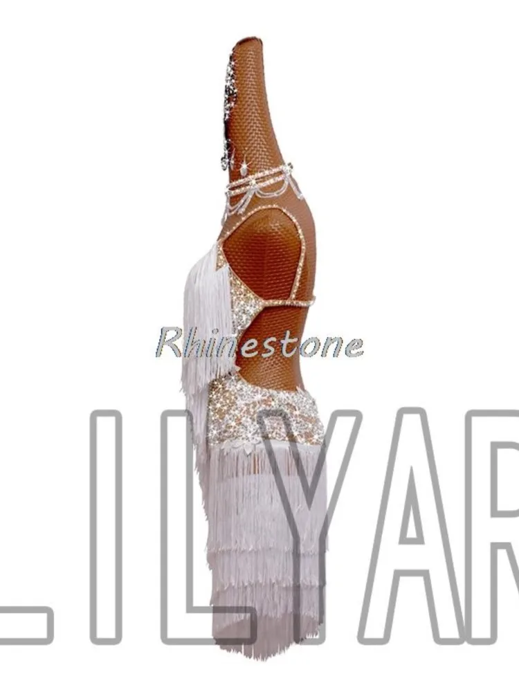 New Latin Dance Skirt Performance Competition Clothing Adult Children White Rumba Tassel Sparkling Diamond Customization