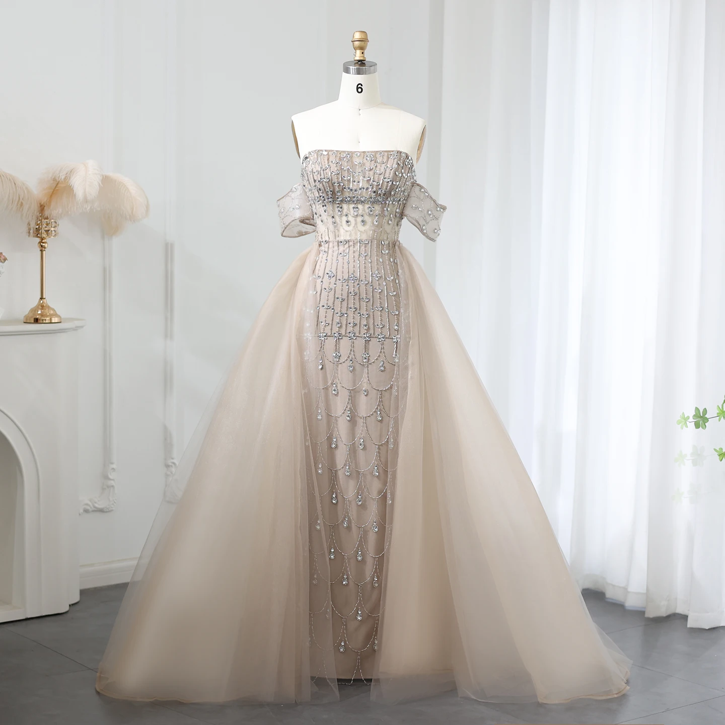 Sharon Said Luxury Champagne Mermaid Arabic Evening Dress with Overskirt 2024  Dubai Women Wedding Party Gowns SS168 Customized