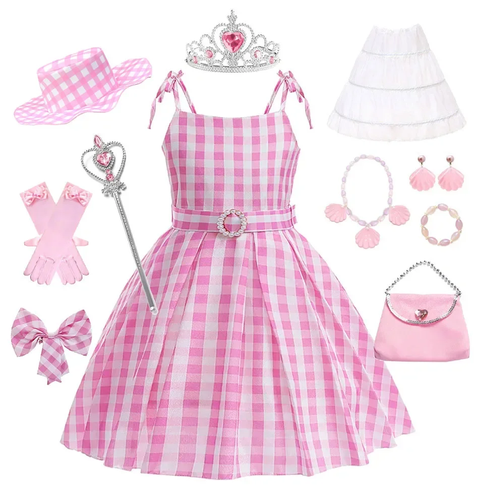 

Girls Pink Plaid Casual Dress Margot Robbie Photography Cosplay Christmas Barbi Costume Halloween Carnival Outdoor Performance