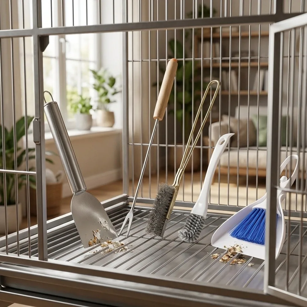 Stainless Steel Bird Cage Cleaner Brush for Parakeets and Long Tail Parrots with Tools to Remove Excrement and Fallen Food