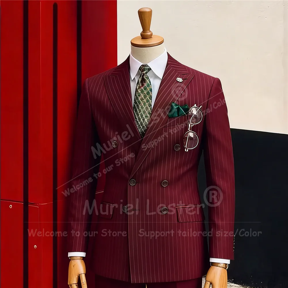 

Elegant Stripe Men Suits 2 Piece Double Breasted Jacket Pants Custom Made Man Fashion Peak Lapel Wedding Tuxedo Business Outfit