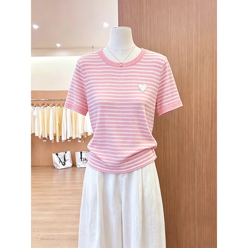 Pink Gentle Style Short Sleeve Knitted Shirt Summer Anti-Aging Versatile Slimming Top Striped Loose Fit round Neck Thin Fabric