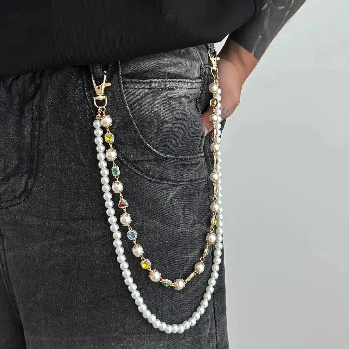 SHIXIN Exquisite Luxury Jeans Pants Chain Belt For Men Women Hip Hop Imitation Pearl Colourful Rhinestone Waist Chain Keychain