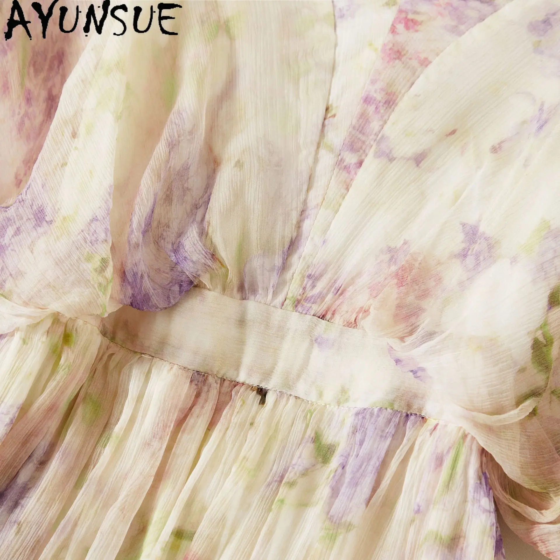 AYUNSUE 100% التوت الحرير فساتين حريمي الأزهار فساتين الصيف أنيقة 2025 ملابس امرأة الخامس الرقبة فستان طويل Vestidos Mujer