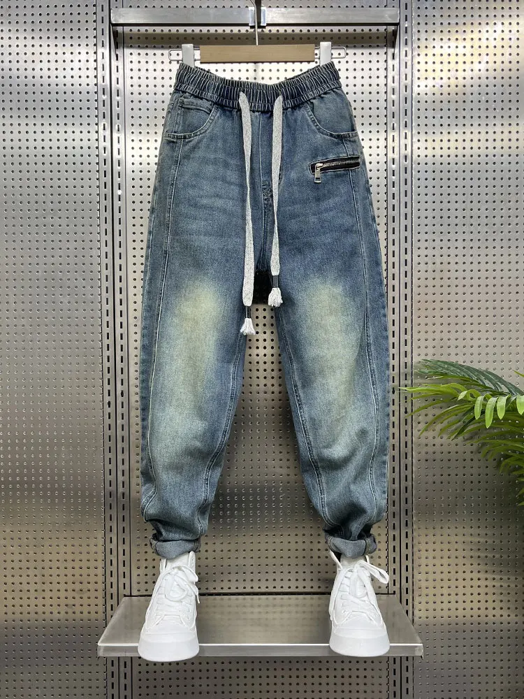 

Мужские повседневные джинсы синего цвета с молнией, в стиле Харадзюку, весенние, модные, свободного кроя, высокого качества, длинные брюки для молодежи, на все сезоны