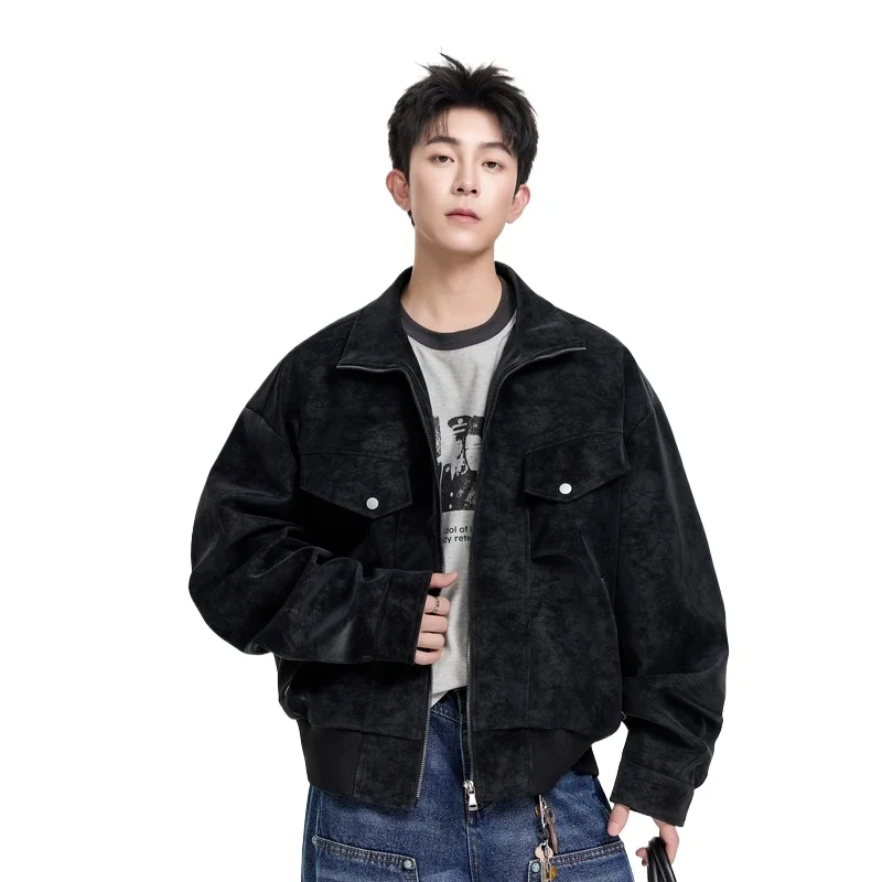 

Мужская модная куртка из искусственной кожи с замшевой отделкой, однотонная, в стиле рабочей одежды, с воротником-стойкой, для зрелых и стильных мужчин, повседневная верхняя одежда