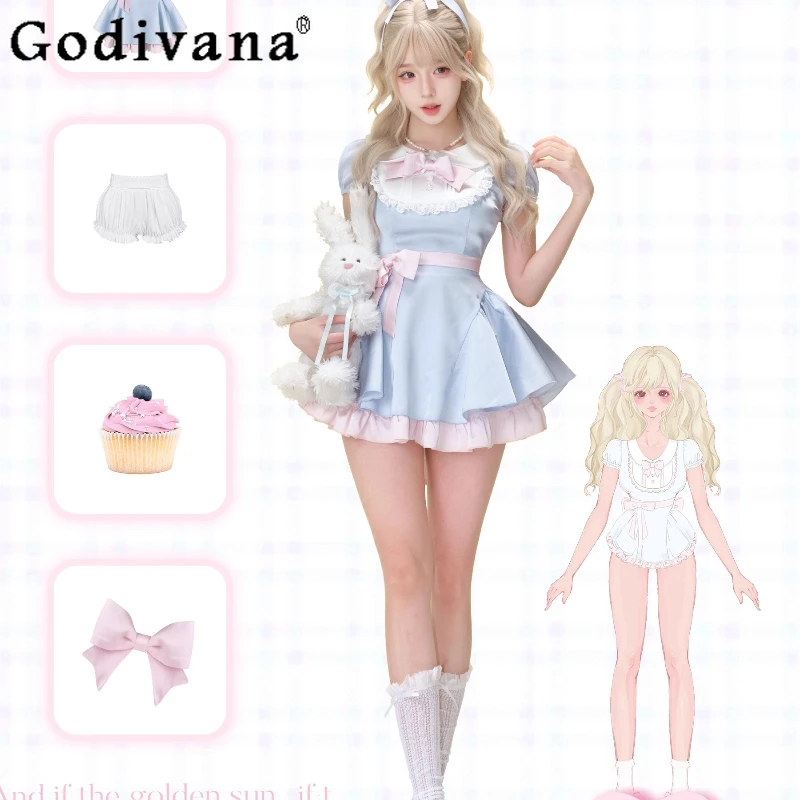 女性用ブルーのリボン付きワンピース、ハイウエストロリータスイートドレス、夏の女の子向け和風キュートなドレス、ホワイトバブルショーツセット