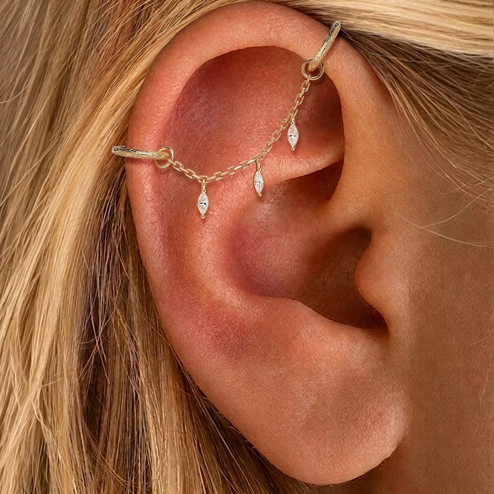 CANNER 1PC 14K Solid Gold Tassel Chain CZ Dangle Piercing Earring Minimalism Cartilage Helix Tragus Conch Jewelry Women Gift - view 6