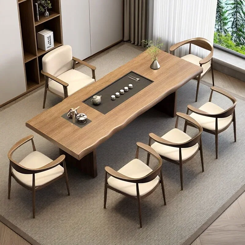 Solid wood tea table， tray integrated into the tea table and chair combination reception large board tea table