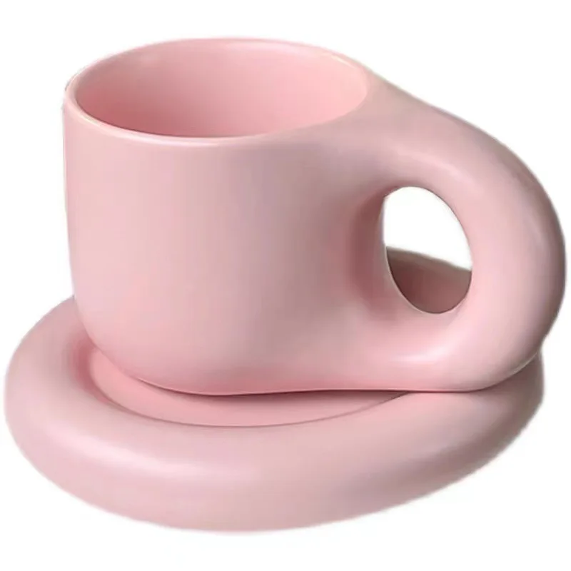 1set Ceramic Coffee Chubby Mug Saucer Set Creative Cute Fat Handle Cup With Saucer For Office And Home Room Decor