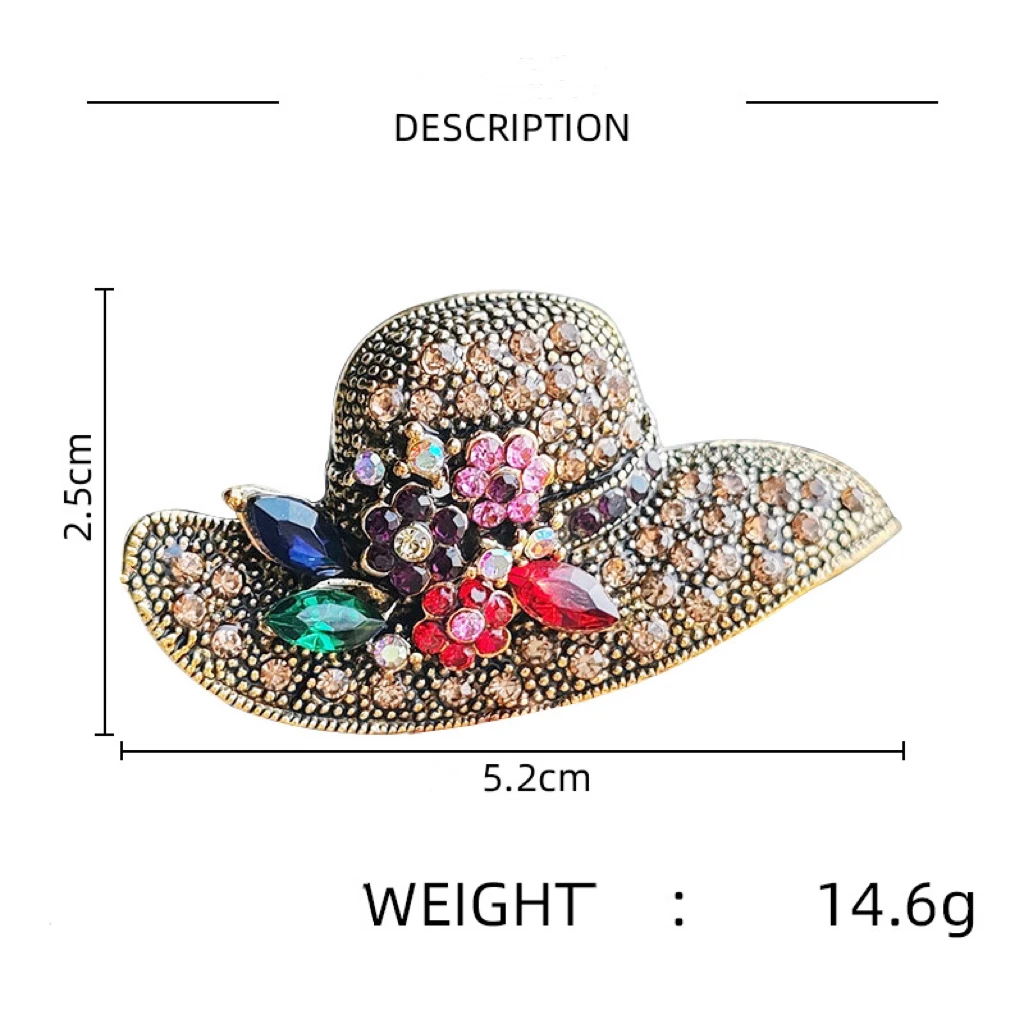 Vintage Sun Hat Brooches Colorful Crystal Flower Cap For Women Alloy Inlaid Rhinestone Jewelry Accessories Gifts