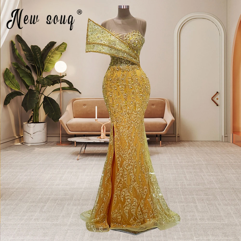 

Chic Gold Party Dress Sheer Neck Sleeveless Wedding Events Gowns Sparkly Sequins Mermaid Yellow Formal Dress Robe Soirée Female