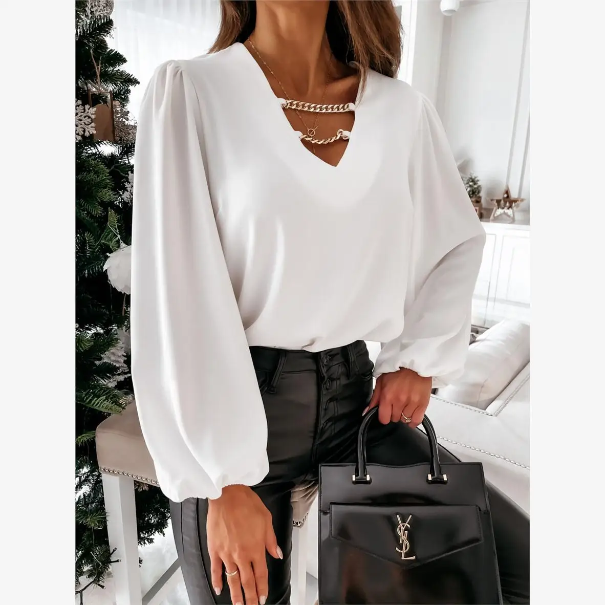 

Faionable V-Ne irt Женский воротник с украшением Высокое качество для поездок на работу Sle Прямой крой Длинный све Pure Color Crew Ne