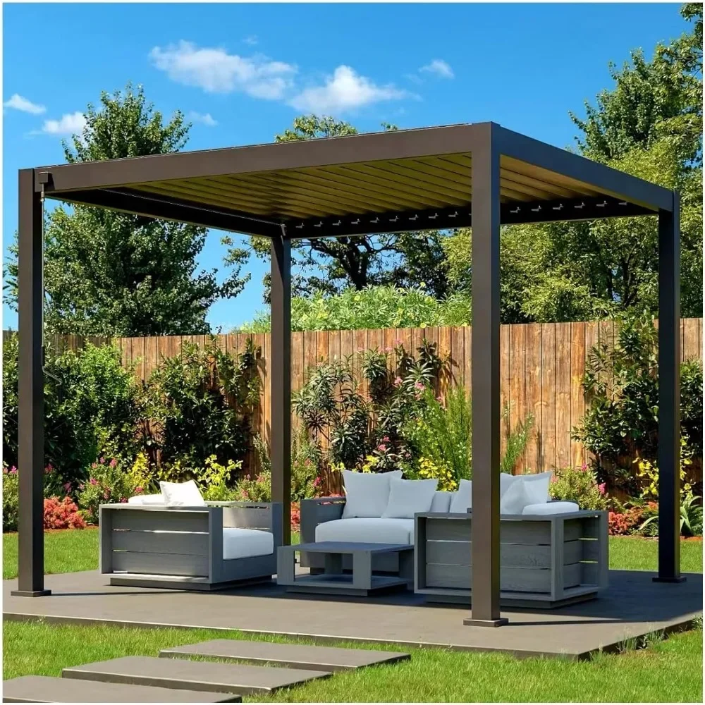 Louvered Pergola 10'x10', All Aluminum Outdoor Pergola with Adjustable Louvered Roof, Optional Rainproof Curtains, (Matte Black)