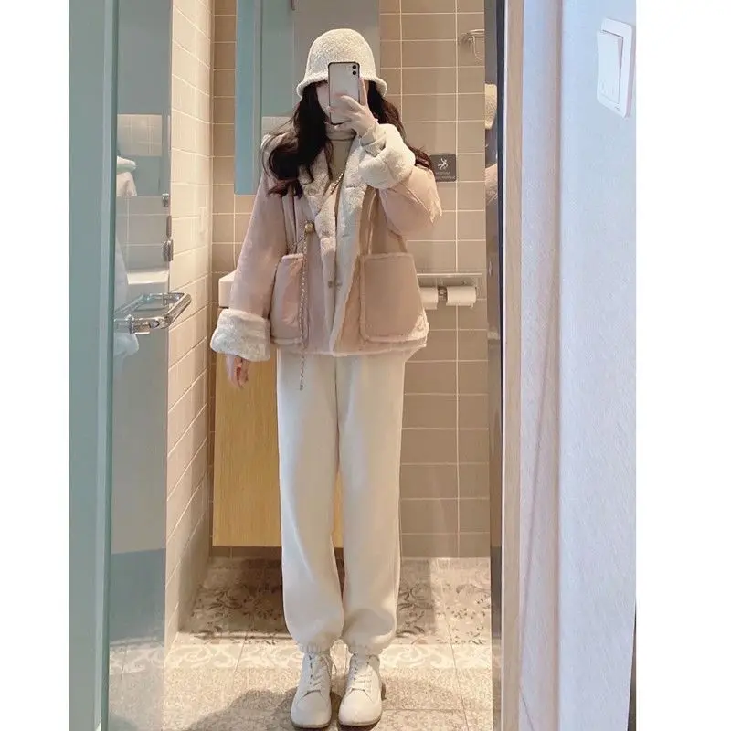 2023 Autumn and Winter New Double Wear Lamb Fleece Cotton Coat Harun Pants Gentle and Lazy Style Two Piece Set Fashion