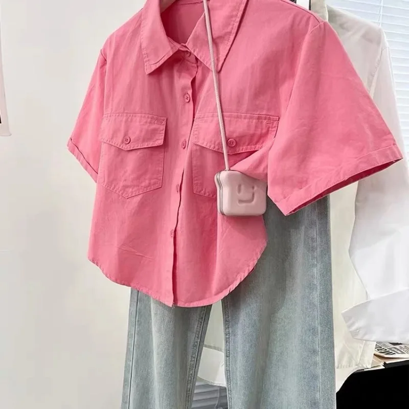 Women Cotton Short Sleeve Shirt Cropped Lapel Pocket Blouse Casual Short Outerwear For Petite Summer