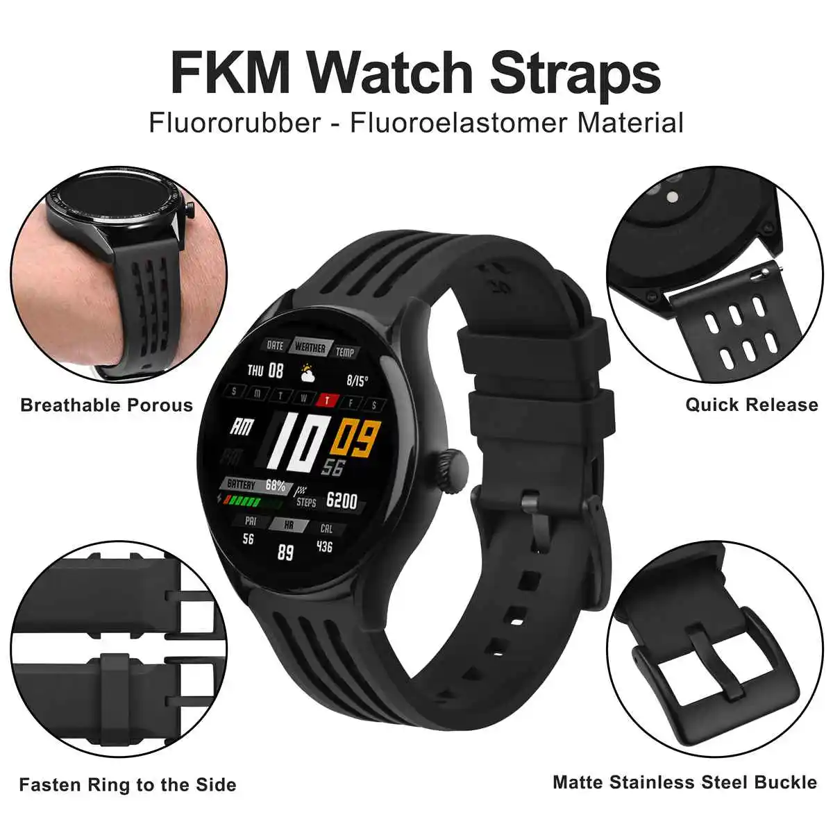 WOCCI FKM Rubber Watch Straps 20mm 22mm 24mm Watchband Quick Release Bracelet Durable Breathable and Comfortable