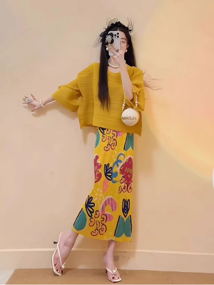 Jupe d'été en soie glacée pour femmes, demi-jupe plissée avec graffitis de dessin animé, Style fin, vacances, une pièce, fleur de plage, SK051