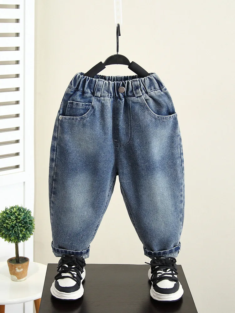 New Spring Autumn Baby Boys Straight Jeans Blue Jeans Kids Elastic Waist Trousers Girls Classic dark blue jeans 2-10 Years