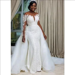 South African Mermaid Wedding Dresses Detachable Overskirt Sheer Neck Off Shoulder Long Sleeves Bridal Gowns