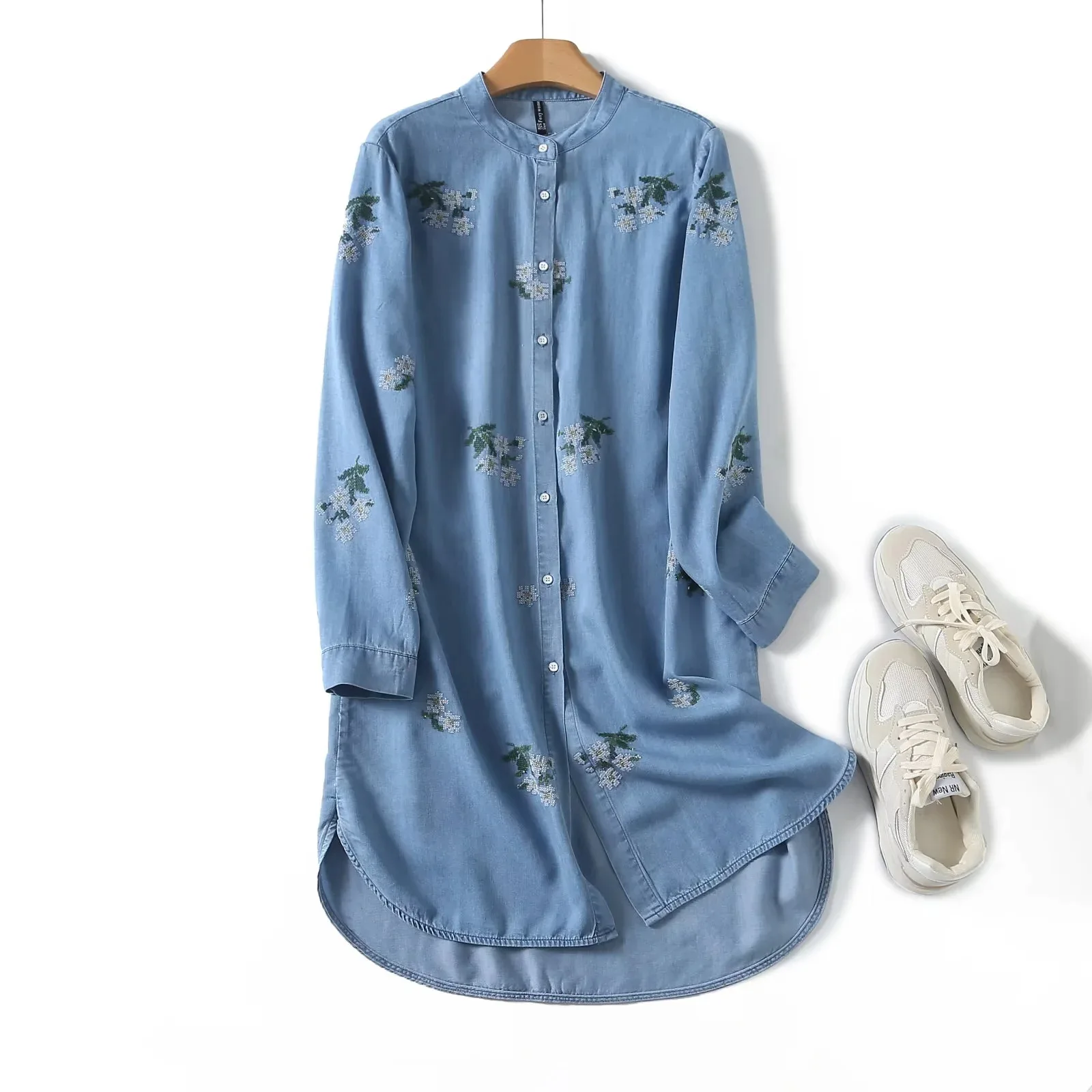 New Spring Lyocell Denim Dress Women Stand Embroidery Dresses Girl Long Sleeve Vintage Casual Long Dress 2024 Summer D435146QC