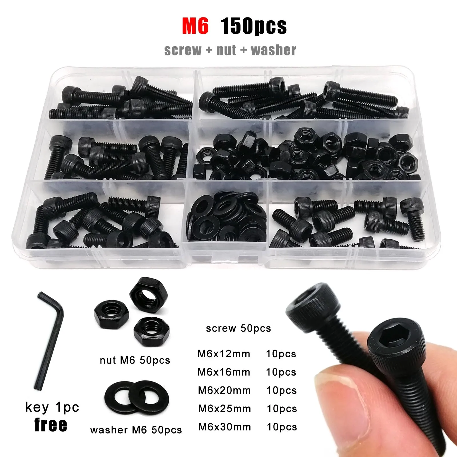 Boxed M2 M2.5 M3 M4 M5 M6 Hex Hexagon Socket Allen Cap Head Screw Bolt Nut Washer Assortment Kit DIN912 Black Grade 12.9 Steel