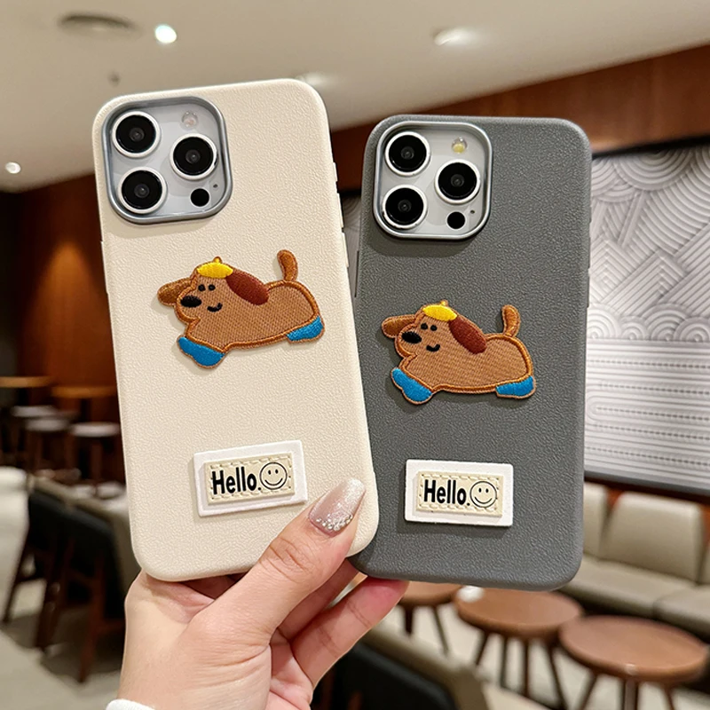 Cute 3D Embroidery Dog Smile Label Lichee Pattern Phone Case For iPhone 11 12 13 14 15 16 Pro Max X XS XR 7 8 16 Plus Soft Cover