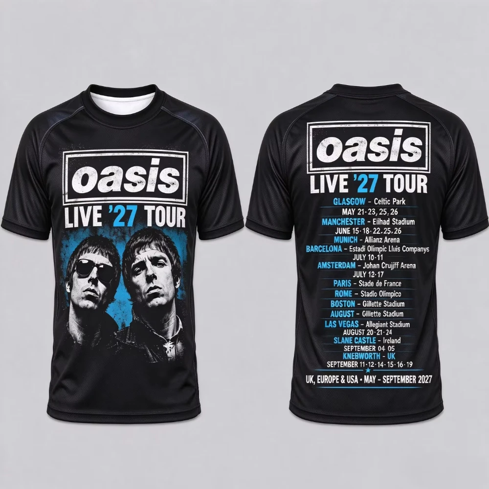 Oasis Live '27 Tour Graphic T-shirt Double Sided Print Unisex Oversized Cotton Short Sleeve Rock Band Fan Tee Casual Tops