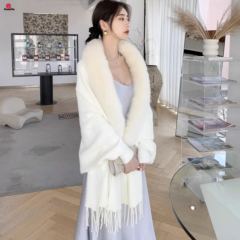 

Fashion Imitate Mink Wool Faux Fox Fur Cape Coat Autumn Winter Women Party Dress Wraps Shawl Cloak Cardigan Pure Colors