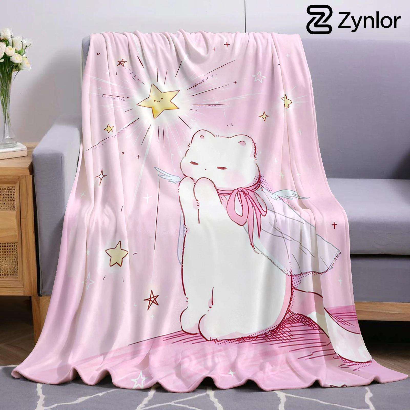 Angel Kitty Wish Cartoon Anime Print Flannel Blanket Soft Warm Throw for Kids Bedroom Sofa Bed Christmas Office Car