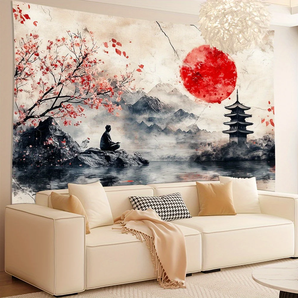 Vibrant 3D Visual Effect Lakeside Meditation Scene Tapestry - Stunning Polyester Wall Hanging with Vivid Colors and Intricate De