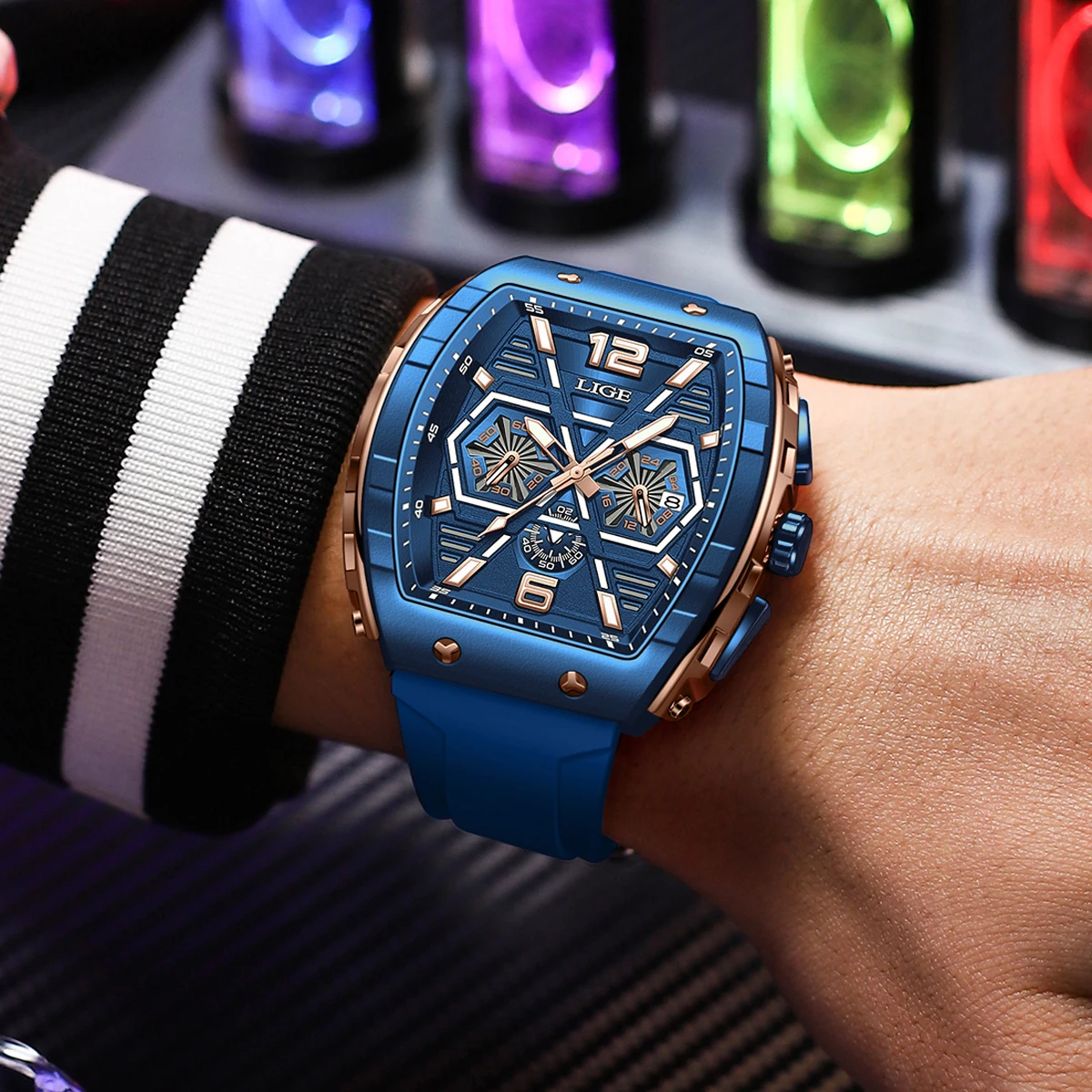 LIGE جديد ساعة مضيئة قوية للرجال موضة العسكرية ساعة مربعة الرجال الرياضة كرونوغراف مقاوم للماء الساعات Reloj Hombre + صندوق
