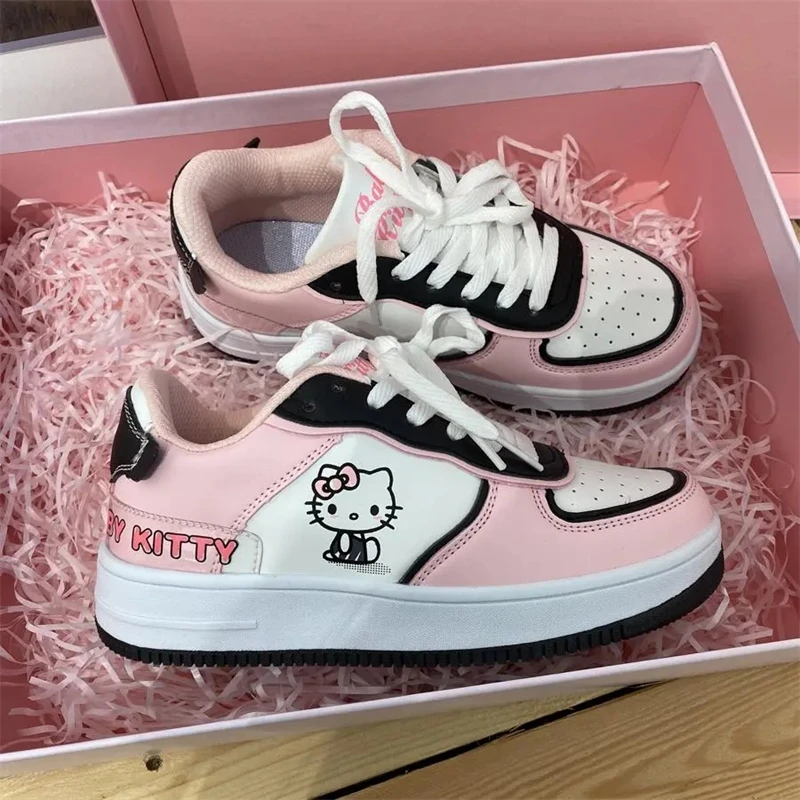 

Sanrio Kawaii Hello Kitty Sneakers Cartoon Fashion Ins Preppy Style Cherry Blossom Powder Flat White Shoes Cute Children's Gift