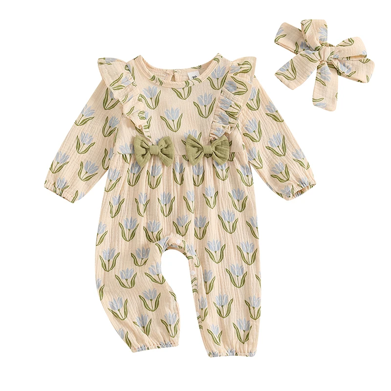 

Infant Girl Jumpsuit with Flower Pattern Bow Detail and Ruffle Trim Long Sleeve Autumn Romper Set with Matching Headband