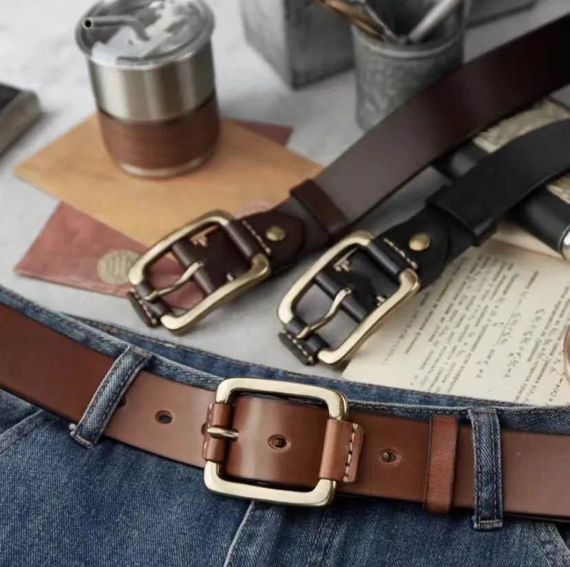

Мужские повседневные брюки из воловьей кожи с медной пряжкой в стиле ретро, мужские ремни из натуральной кожи, модный дизайн, универсальный повседневный ремень
