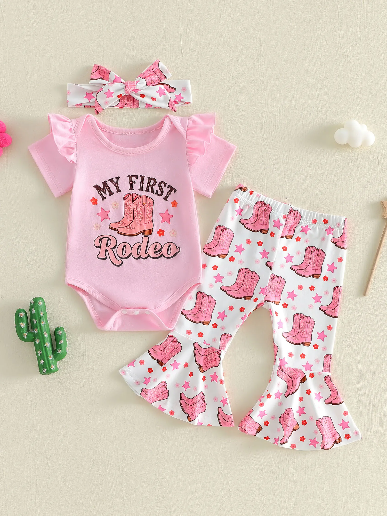 

Toddler Girls Cowgirl Style Outfit Set with Star Print Romper Flare Pants Boots and Headband - 4 Piece Western Wear