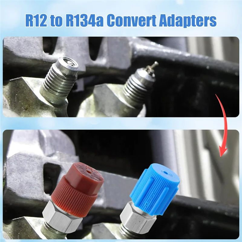 طقم محول تحويل تركيب التيار المتردد R12 إلى R134A، صمام التوصيل السريع A/C 90 °   محول منفذ التحديثية الضغط العالي/المنخفض-AA70